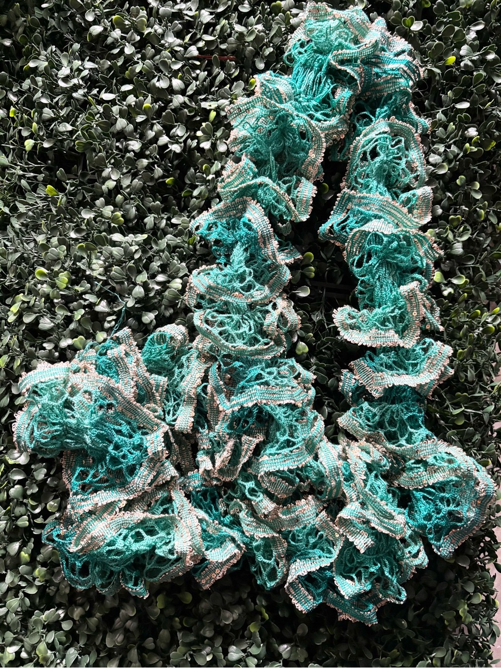 Ruffled Teal Decorative Scarf with Metallic Trim